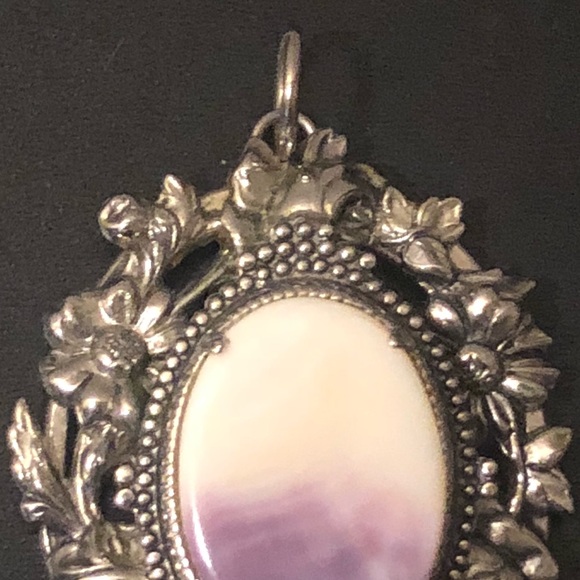 Silver Banded Amethyst Pewter Vintage Necklace Pendant Crystal Witch Goth Purple - Picture 2 of 5